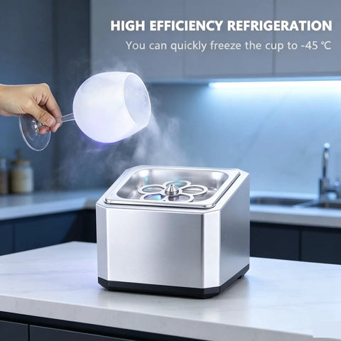 Kickass Countertop Glass Froster Ultra Fast Chiller chilling a glass to -45°C on a countertop with LED light.