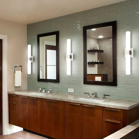 LED Bathroom Vanity Light 24 Inch Brushed Nickel Modern Fixture Over Mirror 6000K Cool White Daylight LED Vanity Light on tiled wall