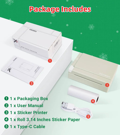 Top Tier Portable Thermal Sticker Printer And Wireless Label Maker With 2 To 3 Inch Wide Format For Photos Study Notes Creative Crafts Journaling Everyday Carry Flex package contents including printer, paper, cable, and manual.