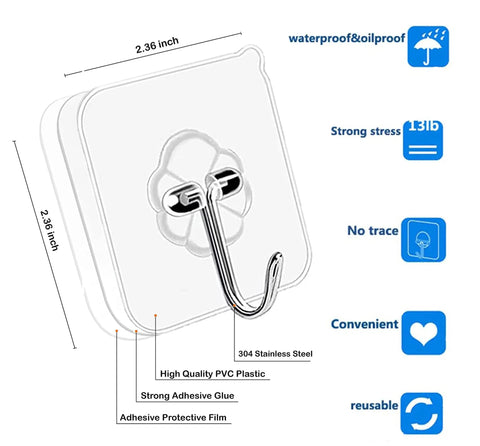 Diagram of No Drill 24 Pack Nail Free Transparent 304 Stainless Sticky Wall Hangers Heavy Duty Up To 24 Lb Waterproof, showing dimensions and features