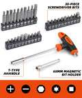 Comprehensive 240 Piece Socket Wrench Tool Set With Plastic Toolbox Storage Case For Auto Repair And Everyday DIY Home Maintenance Includes Metric And SAE Sockets Ratchets Extensions Bits And A Full Range Of Hand Tools, showing 30-piece screwdriver bits and T-type handle