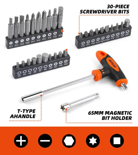 Comprehensive 240 Piece Socket Wrench Tool Set With Plastic Toolbox Storage Case For Auto Repair And Everyday DIY Home Maintenance Includes Metric And SAE Sockets Ratchets Extensions Bits And A Full Range Of Hand Tools, showing 30-piece screwdriver bits and T-type handle