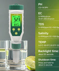 5 In 1 Water Tester With LCD Backlit For pH TDS EC Salt And Temperature Readings Digital Meter in glass with lime slice