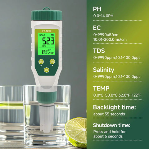 5 In 1 Water Tester With LCD Backlit For pH TDS EC Salt And Temperature Readings Digital Meter in glass with lime slice