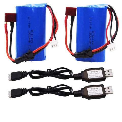 Two Pack 7.4V 1500mAh Li-ion RC Battery With SM-2P Plug, T Adapter And USB Cable for RC Boats And Trucks
