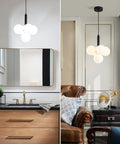 Five Ring Dimmable LED Pendant Light With Remote Control Adjustable Height And Shape DIY Design For Dining Room Kitchen Island Office And Restaurant Create Your Own Totally Custom Modern Lighting Artwork, shown in bathroom and living room.