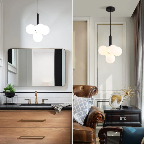 Five Ring Dimmable LED Pendant Light With Remote Control Adjustable Height And Shape DIY Design For Dining Room Kitchen Island Office And Restaurant Create Your Own Totally Custom Modern Lighting Artwork, shown in bathroom and living room.
