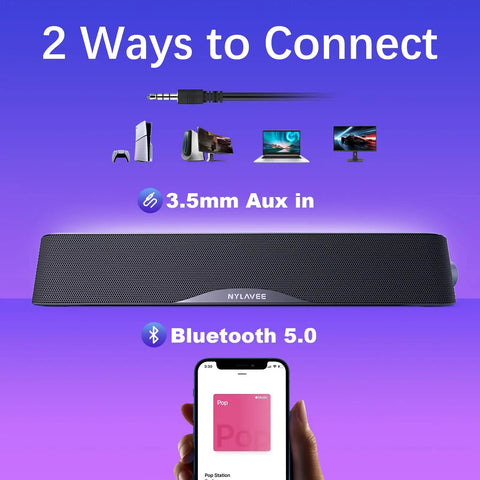 Dope High Fidelity Computer Sound Bar With Bluetooth And 3.5mm Aux Input USB C Powered, showing connectivity options.