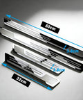 Rock Solid Stainless Steel Door Sill Guards For Tesla Cybertruck 2023 2025 Premium Brushed Scuff Plate dimensions shown.