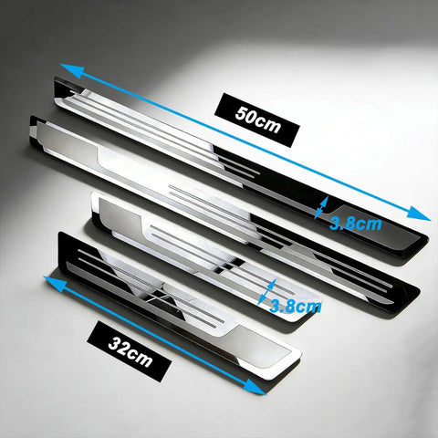 Rock Solid Stainless Steel Door Sill Guards For Tesla Cybertruck 2023 2025 Premium Brushed Scuff Plate dimensions shown.