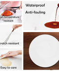 Collage shows Built To Last Lazy Susan Turntable for Dining Table white marble texture, easy clean, waterproof, scratch resistant features.