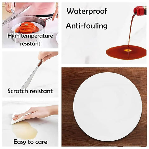 Collage shows Built To Last Lazy Susan Turntable for Dining Table white marble texture, easy clean, waterproof, scratch resistant features.