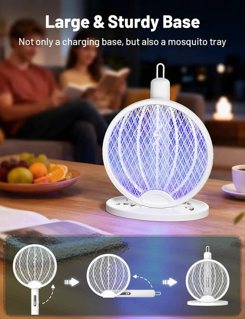 2-In-1 Mosquito Zapper Racket With 4000V Electric Grid Foldable Fly Swatter Rechargeable 1800mAh Battery Auto Zap Base