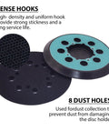 Heavy Duty 5 Inch Random Orbital Sander Replacement Pad 2 Pack Featuring Tough Pu Backing, showing dense hooks and dust holes.