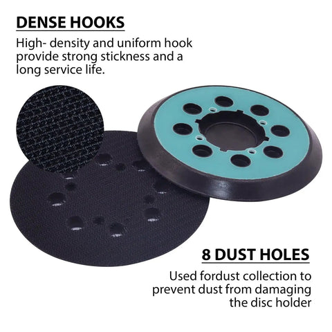 Heavy Duty 5 Inch Random Orbital Sander Replacement Pad 2 Pack Featuring Tough Pu Backing, showing dense hooks and dust holes.