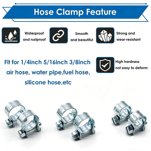 Fuel Line Clamp Set For Auto Marine And Truck Dope High Pressure Zinc Plated Fuel Injection Hose Clamps displayed with features