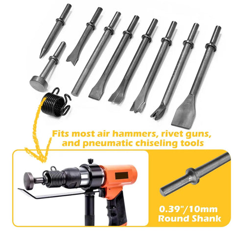Beefy 10 Piece Air Hammer Bits Set With Spring Retainer for Tile Masonry Concrete Stone Demolition and Metal Shaping Nine Chisel Bits