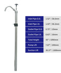 Built Tough Manual Piston Oil Drum Pump For 55 Gallon Barrels corrosion resistant stainless steel with sizing details displayed.