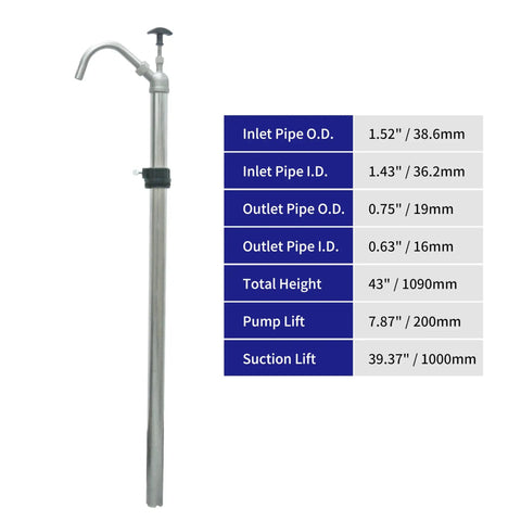Built Tough Manual Piston Oil Drum Pump For 55 Gallon Barrels corrosion resistant stainless steel with sizing details displayed.