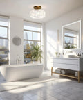 Industrial Semi Flush Mount Gold Globe Glass Ceiling Light Fixture For Hallways Entryways Kitchens And Bathrooms Vintage Farmhouse Style Lamp Bulb Not Included Cozy Warm Glow For A Homey Vibe in a bathroom setting with a bathtub and vanity.