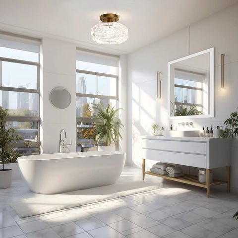 Industrial Semi Flush Mount Gold Globe Glass Ceiling Light Fixture For Hallways Entryways Kitchens And Bathrooms Vintage Farmhouse Style Lamp Bulb Not Included Cozy Warm Glow For A Homey Vibe in a bathroom setting with a bathtub and vanity.