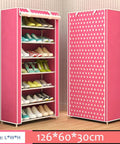 Seven Tier Portable Shoe Rack With Non Woven Fabric Cover Rock Solid Steel Frame Closet Tower And Fly Shoe Organizer That Holds Your Sneakers Tight For Easy Access And Straight Fire Style in pink with shoes organized.
