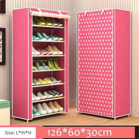 Seven Tier Portable Shoe Rack With Non Woven Fabric Cover Rock Solid Steel Frame Closet Tower And Fly Shoe Organizer That Holds Your Sneakers Tight For Easy Access And Straight Fire Style in pink with shoes organized.