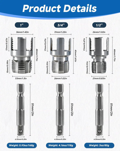 Two In One Pipe Tapping And Threading Kit For One Half Inch, Three Quarter Inch, And One Inch PVC Pipes With Internal And External Threading, Quick Swap Between Male And Female Threads, Heavy Duty Pro Grade Diy Tool specifications