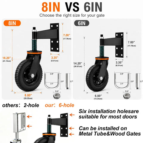 Comparison of 8 inch and 6 inch Heavy Duty Gate Rollers Two Pack, Tough As Nails Seven Five Zero Pound Swivel Casters for Wood or Pipe Fences.
