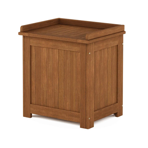 Outdoor Hardwood Storage Box With Slatted Vent Design For Drainage Raised Base Keeps Contents Dry Weather Resistant Porch Chest For Cushions Tools And Toys In Natural Finish