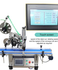 Automatic Flat Labeling Machine With Desktop Conveyor For High Speed Sticker Application featuring a touch screen and precise settings.