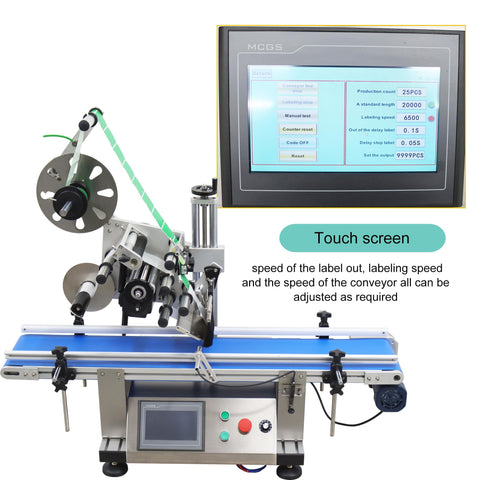Automatic Flat Labeling Machine With Desktop Conveyor For High Speed Sticker Application featuring a touch screen and precise settings.
