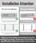 Installation guide for Push To Open Soft Close Drawer Slides 1 Pair, showing correct and wrong setup for side mount rails.