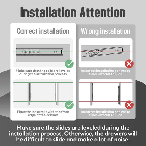 Installation guide for Push To Open Soft Close Drawer Slides 1 Pair, showing correct and wrong setup for side mount rails.