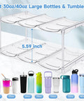 Stackable Water Bottle Organizer for 40 oz Tumblers with 5.59-inch grid spacing, wine rack style, 3-pack display, various bottle sizes shown.