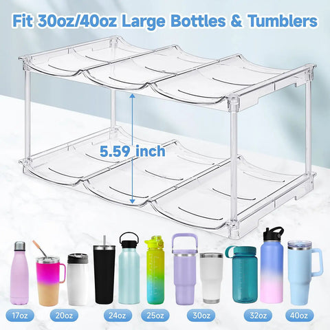 Stackable Water Bottle Organizer for 40 oz Tumblers with 5.59-inch grid spacing, wine rack style, 3-pack display, various bottle sizes shown.