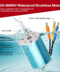 2435 4800KV waterproof brushless motor with gold-plated plug and blue CNC machined heat sink, submerged in water