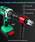 Upgrade Your Tool Kit With This Rock Solid Rivet Nut Gun Adapter For Fast And Easy Drill Installation That Saves Time, Fits Standard 1/4 Inch Drills And Works Like A Charm On Any DIY Project. 1/4-inch drill adapter on cordless drill, metal body