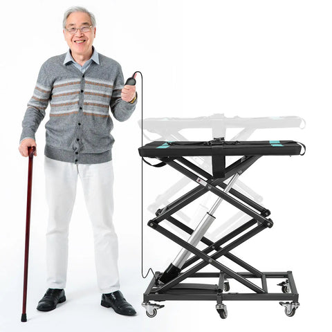 Electric Hydraulic Lift Table Built Dang Tough With Hella Smooth Operation And Straight Up Heavy Duty Aluminum Platform For Mobility Scooters Wheelchairs Tool Cart 110 Lbs Load Capacity Portable Elevator Stand with a smiling man using a remote.