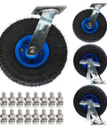 Heavy Duty Pneumatic Rubber Casters Set Of Four With Side Brakes That Roll Smooth And Handle Rough Terrain Up to 1300 Lbs Capacity with steel hubs.