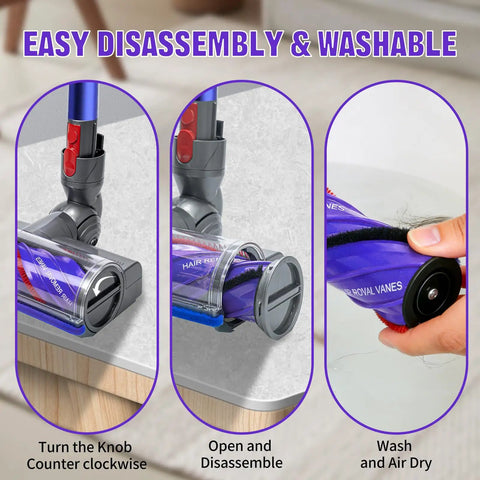 Upgrade Vacuum Brush Roller Head For V7 To V15 Cordless Vacuums disassembly steps showing counter-clockwise turn, open, and wash