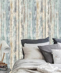 Blue Rustic Wood Peel And Stick Wallpaper 17 Inches Wide By 240 Inches Long Self Adhesive Removable Vinyl Wood Plank Cover behind bed