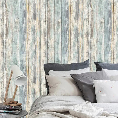 Blue Rustic Wood Peel And Stick Wallpaper 17 Inches Wide By 240 Inches Long Self Adhesive Removable Vinyl Wood Plank Cover behind bed