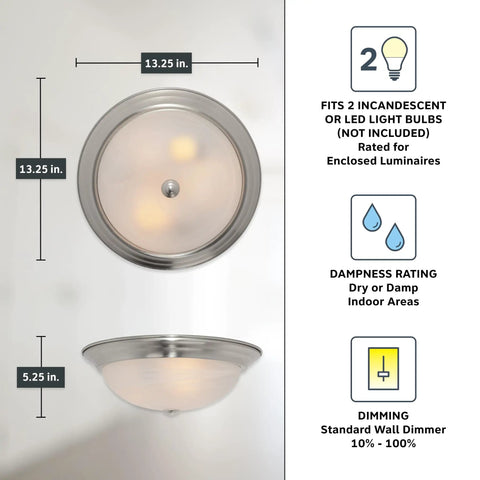 Reedley Two-Light Flush Mount Ceiling Light 13-Inch Fixture With White Alabaster Glass And Satin Platinum Finish dimensions chart