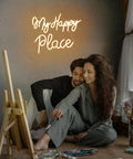 Couple with My Happy Place Neon Sign Warm White Neon Lights For Bedroom Decor Cozy Home Office Wall Art Wedding And Birthday Party Decor Gift For Girls Room Modern Neon Wall Sign