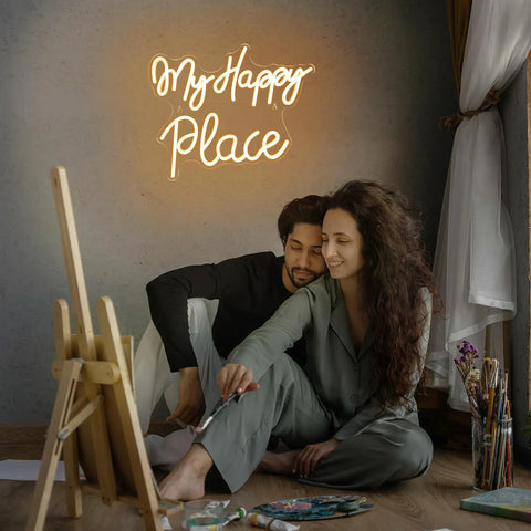 Couple with My Happy Place Neon Sign Warm White Neon Lights For Bedroom Decor Cozy Home Office Wall Art Wedding And Birthday Party Decor Gift For Girls Room Modern Neon Wall Sign