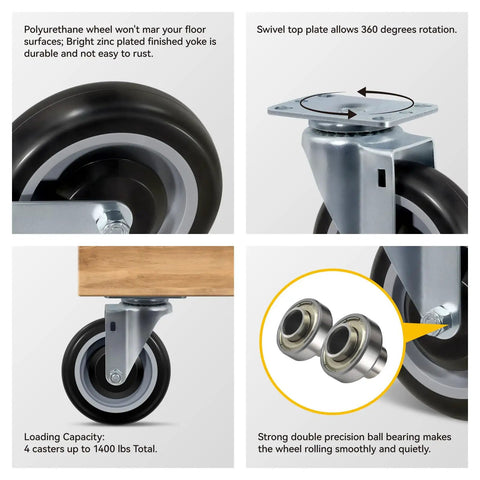 Heavy Duty 5 Inch Polyurethane Caster Set Of 4 With 1400 Lb Capacity Smooth Rolling Industrial Replacement Wheels features close-up images of wheels and swivel plates.