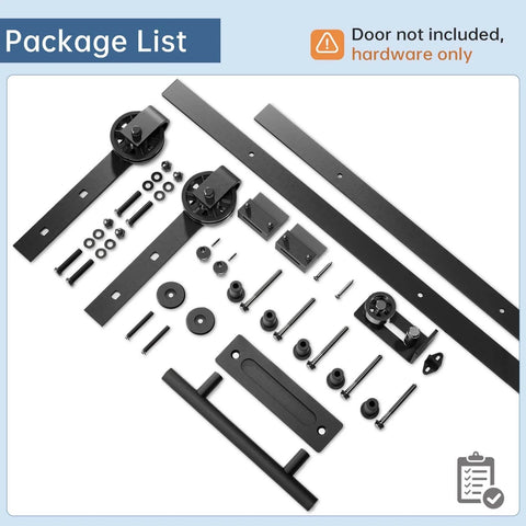 EaseLife Six Point Six Feet Sliding Barn Door Hardware Track Kit And Handle With Industrial Spoke Wheel Pulley Wall Mount Black 79 Inch Rail Fits 36 To 38 Inch Openings For Space Saving Smooth Quiet Glide Easy Install No Door Included, components displayed against white background