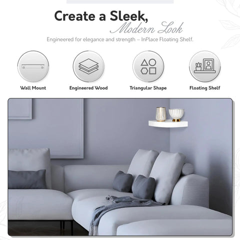 Sturdy Floating Corner Wall Shelf In White With Hidden Metal Bracket For Heavy Duty Wall Mount Storage shown in living room setup