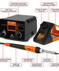 939D Plus Digital Soldering Station With 100W PID Temperature Control, iron, holder, and accessories displayed, orange.